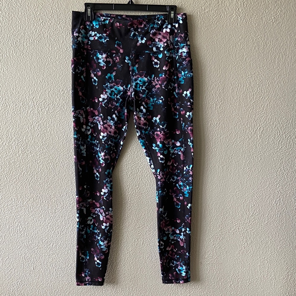 Avia Black Leggings with Purple & Teal Floral Print